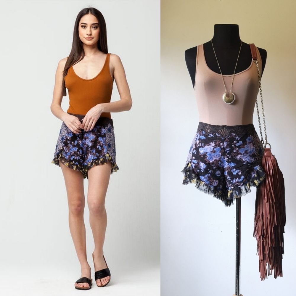 Free People Lace High Waist Floral Frayed Hem Shorts Hippie Boho Indie Sleaze